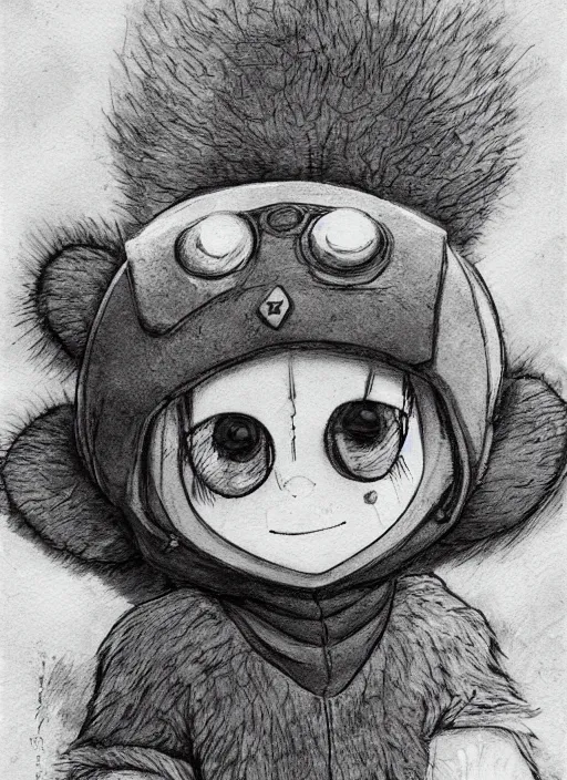 Image similar to beautiful little boy wearing an cyborg bear suit, artwork in kentaro miura and made in abyss and rosdraws, smooth, beautiful lightness, anatomically correct, trending on pixiv, forest