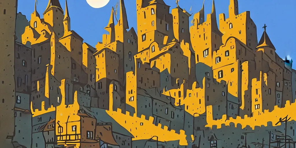 Image similar to medieval town, gouache, animated film, stylised, illustration, by eyvind earle, scott wills, genndy tartakovski, syd mead