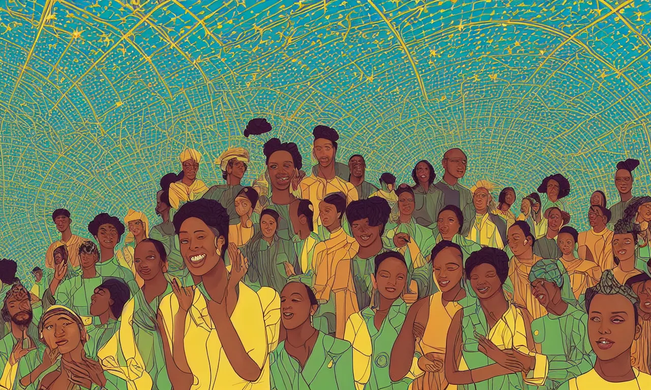 Prompt: very very beautiful portrait of a utopian society, diverse skin colors, in harmony with nature, solarpunk, community celebration, with detailed realistic smiling faces, surrounded by advanced elegant factory machinery, galaxy and stars visible through the hexagonal glass roof, biomechanical, symmetrical, sunrise, golden ratio, elegant, visionary, streamlined, elite, lush, atmospheric, volumetric lighting, haunting, wide angle, cinematic, trending on artstation, unreal engine, 8k, vivid and vibrant