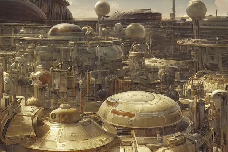 Prompt: a beautiful science fiction factory with spherical design by starwars and army in the french countryside during spring season, highly detailed painting by studio ghibli hd and louis remy mignot hd and leyendecker hd, nice afternoon lighting, smooth tiny details, soft and clear shadows, low contrast, perfect