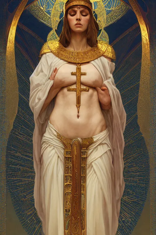 Image similar to a full body portrait of a beautiful ethereal delicate byzantine egyptian mage queen meditative sacral pose catholic stages of the cross, intricate, elegant, highly detailed, digital painting, artstation, concept art, smooth, sharp focus, illustration, art by krenz cushart and artem demura and alphonse mucha