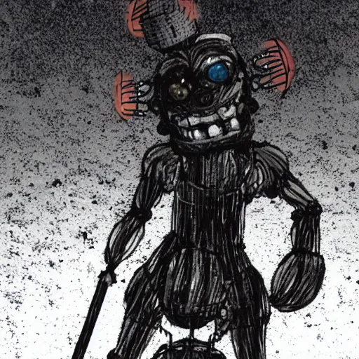 Image similar to creepy ruined abandoned fnaf character, fnaf animatronic rising from the lagoon at night, creepypasta, lamps in the night sky