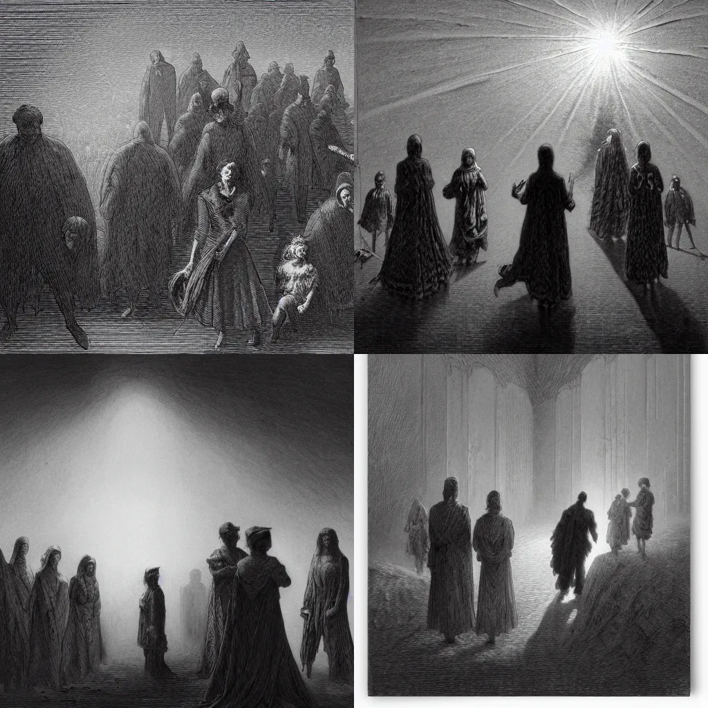 Prompt: the most terrifying shadow entity stalking a group of people, gustave dore style