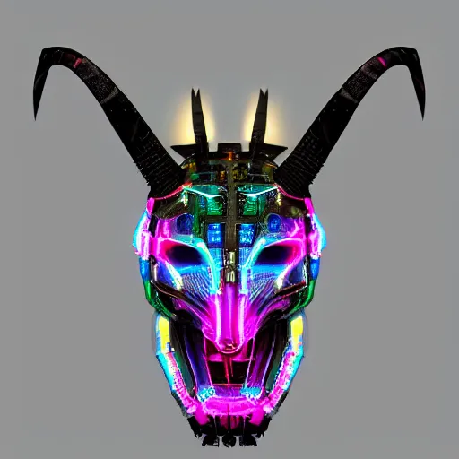 Image similar to cybernetic evil goat head merged with complex circuitry and machinery, multicolored, giger