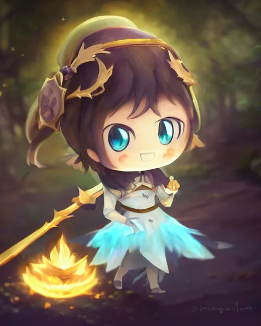 Image similar to oil painting of a cute chibi MapleStory female, casting a spell with a teaspoon, wearing a MapleStory archer outfit, sharp focus, fantasy style, octane render, volumetric lighting, 8k high definition, by greg rutkowski, highly detailed, trending on artstation, magic the gathering artwork, Perion background from MapleStory, centered