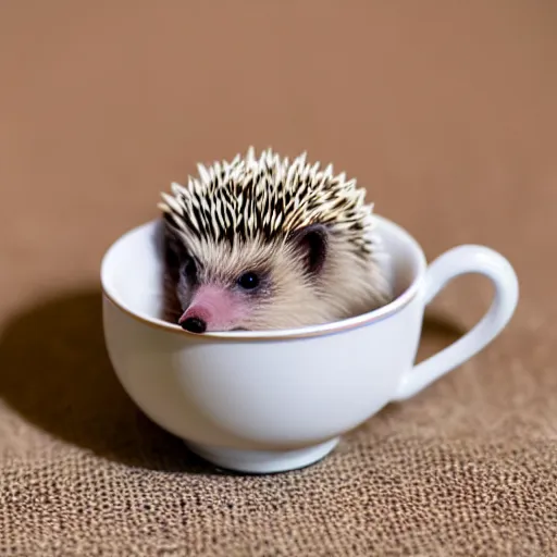 Prompt: baby hedgehog in a teacup, photography, bokeh, minimalistic, 8 k