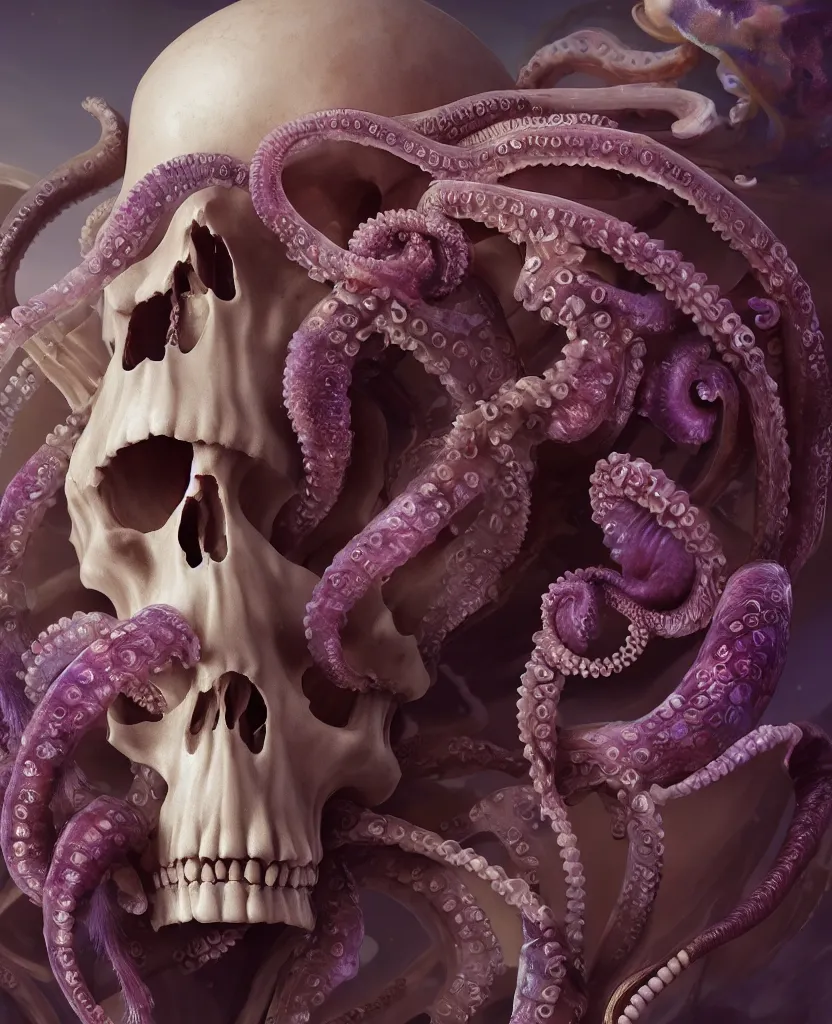 Image similar to goddess close - up portrait human skeleton, ram skull, octopus, jellyfish, orchid, betta fish, bioluminiscent, intricate artwork by tooth wu and wlop and beeple. octane render, trending on artstation, greg rutkowski very coherent symmetrical artwork. cinematic, hyper realism, high detail, octane render, 8 k