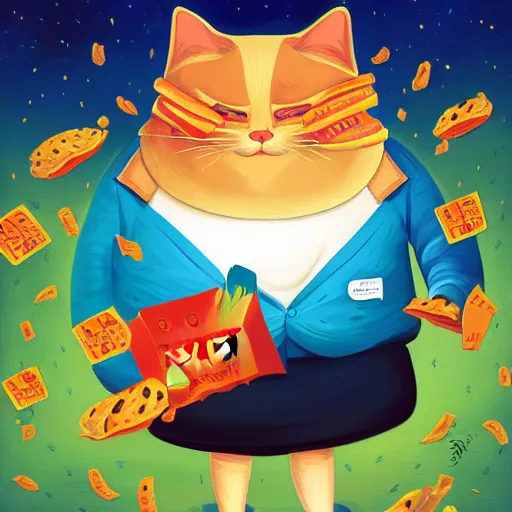 Prompt: angry fat cat full of rage holding a bag of taco bell, by cyril rolando and naomi okubo and dan mumford and ricardo bofill, HD, 4k