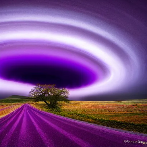 Prompt: amazing landscape photo of a purple tornado in the shape of a cone by marc adamus, digital art, beautiful dramatic lighting
