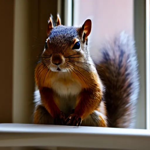 Prompt: Fifteen squirrels looking in from a window on a dining room table. Beautiful natural lighting. Photograph.