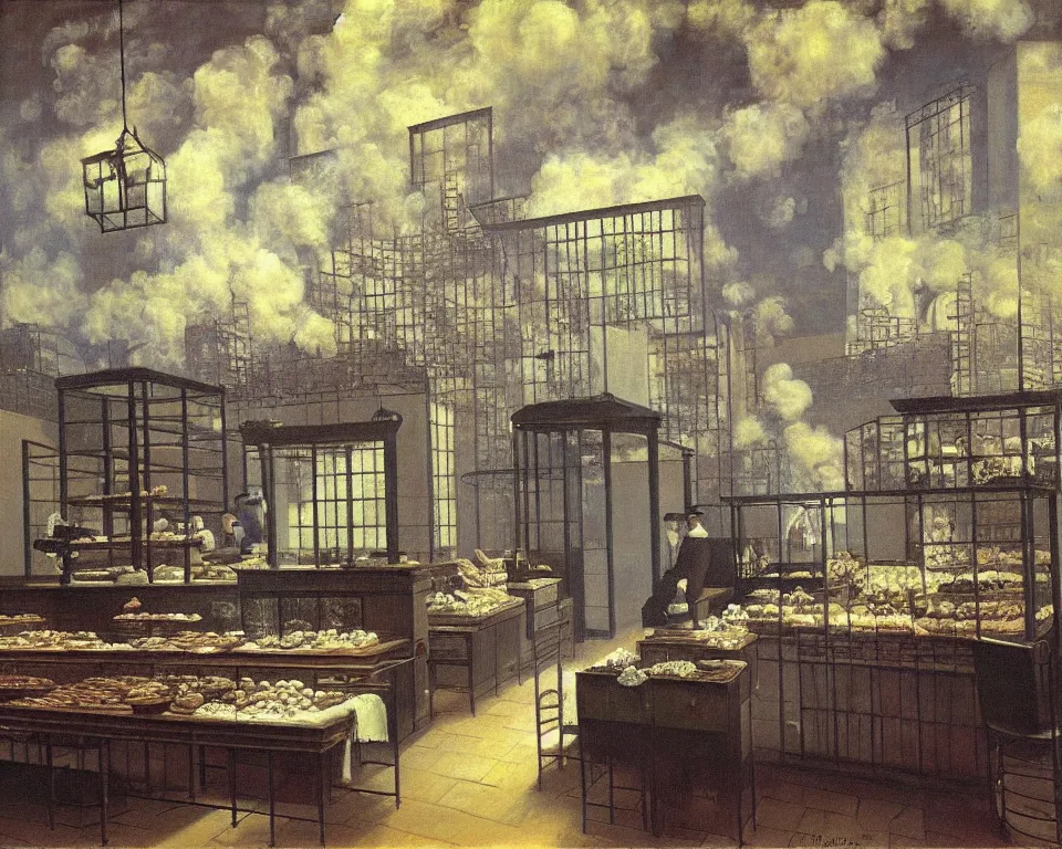 Prompt: achingly beautiful painting of a sophisticated, well - decorated bakery kitchen by rene magritte, monet, and turner. piranesi.