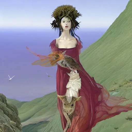 Image similar to beautiful oriental girl walks around Socotra among endemic plants and snags in a long transparent flowing dress and meets mystical animals, mystical insects, mystical birds, lizards, snakes, gorgeous, Atmosphere, hypnotic dimensions, mythology, Rococo, photorealism, in the style of Jin Kagetsu, James Jean and wlop, Valentin Serov style, hyperrealistic, sharp focus, intricate concept art, digital painting, ambient lighting, 4k, hdt, artstation trending on Gsociety, trending on ArtstationHQ, trending on deviantart, professionally post-processed, wide-angle action dynamic portraithyperdetailed, hyper quality, 16K