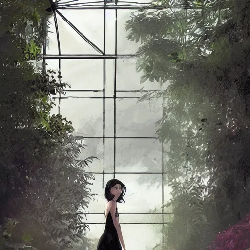 Image similar to a woman in a black dress standing in an elegant greenhouse garden, dramatic lighting, illustration by greg rutkowski, yoji shinkawa, 4 k, digital art, concept art, trending on artstation