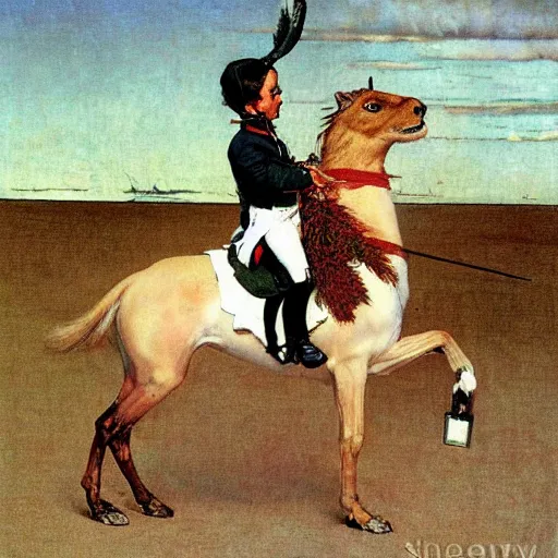 Image similar to napoleon riding a squirrel!!! on the beach with hyacinth!!!! by norman rockwell