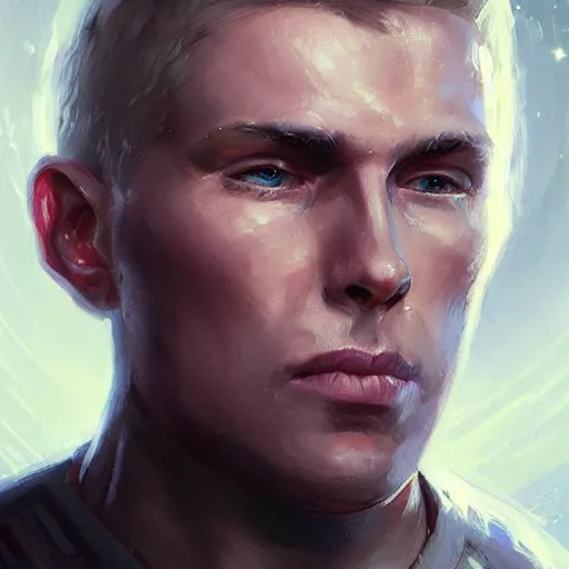 Prompt: portrait of a man with scared expression by greg rutkowski, he is about 3 0 years old, short blond hair, athletic and strong, straight jaw, wearing futuristic space gear, highly detailed portrait, digital painting, artstation, concept art, smooth, sharp foccus ilustration, artstation hq.