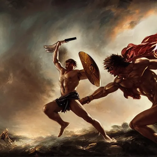 Prompt: greek gods fighting by raymond swanland, highly detailed