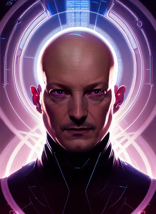 Image similar to symmetry portrait of professor charles xavier, sci - fi, tech wear, glowing lights, intricate, elegant, highly detailed, digital painting, artstation, concept art, smooth, sharp focus, illustration, art by artgerm and greg rutkowski and alphonse mucha