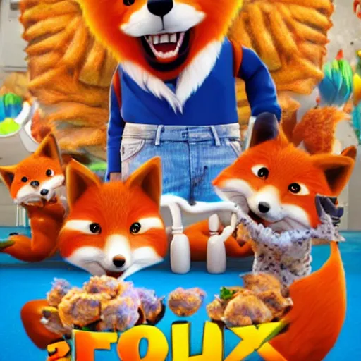 Image similar to animated 3D movie poster featuring an anthropomorphic fox wearing a casual outfit, a lot of fried chicken in the background, promotional media