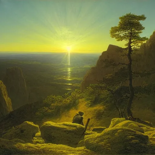 Image similar to a wanderer looking down from the peak of a mountain, distant valley, trees, sunset, sunrays, dramatic light, high detail, masterpiece, painted by caspar david friedrich