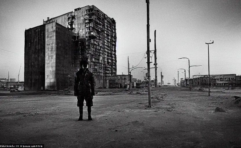 Prompt: In a futuristic space city of Neo Norilsk on the Moon, a Mysterious man is standing in the middle of a street photo by Trent Parke, bright lights, a city on the Moon