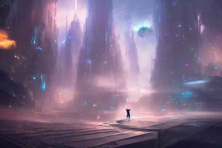 Prompt: a magical wizard standing in a futuristic city by jessica rossier,
