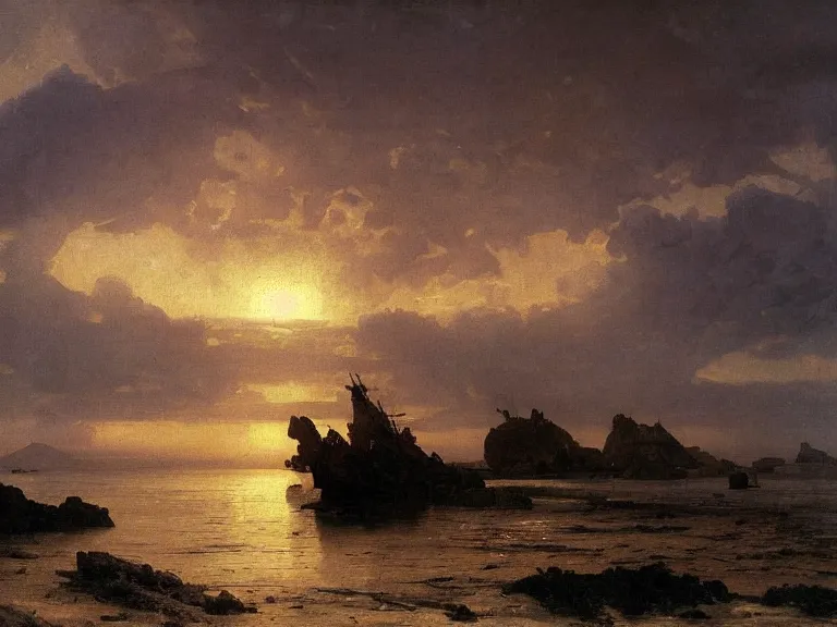 Prompt: an oil painting of a coastline at dawn, with an old shipwreck on a serene beach, beautiful sky by beksinski carl spitzweg and tuomas korpi. baroque elements, full-length view. baroque element. intricate artwork by caravaggio. Trending on artstation. 8k