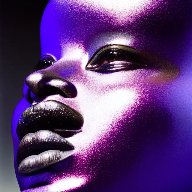 Image similar to portrait of iridescent metalic face, african woman, mercury, smooth reflections, proud looking away, outdoor, blue sky, 8 k, realistic, depth of field, highly detailed, award winning photography, by richard mosse