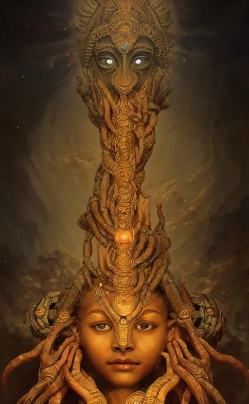 Prompt: an ancient hindu creature made of dust and earth, a mythological being that came from within the earth, a hindu god with many arms, gigantic, incomprehensible and frightening, trending on artstation, volumetric lighting, atmospheric portrait, highly detailed, art by greg rutkowski and alphonse mucha