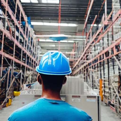 Prompt: a polaroid photo of man doing sort things into sort machines in lazada logistics warehouse, he's wearing blue cloth and construction hat,, photo from behind, highly details, perfect face shape, cinematic lighting,