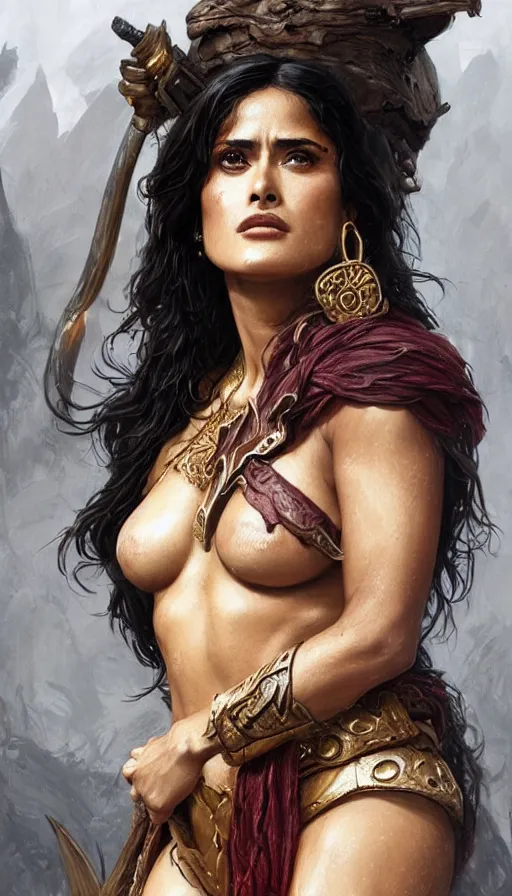 Prompt: Salma Hayek as a barbarian , passionate , seductive, sweaty, intricate fashion clothing, insane, intricate, highly detailed, digital painting, artstation, concept art, smooth, sharp focus, illustration, Unreal Engine 5, 8K, art by artgerm and greg rutkowski and alphonse mucha