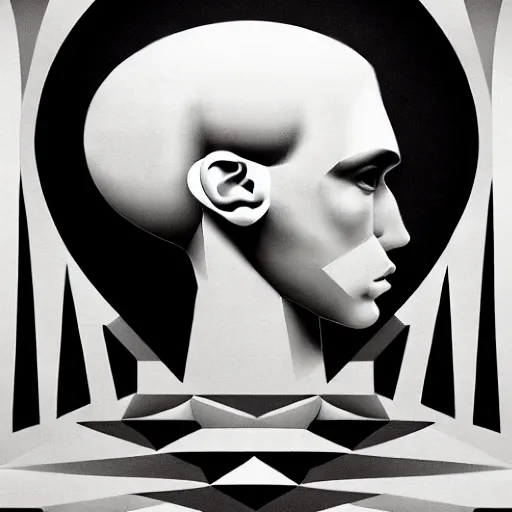 Prompt: white conceptual figurative post - morden monumental abstract portrait made by escher and piranesi, highly conceptual figurative art, intricate detailed illustration, illustration sharp geometrical detail, vector sharp graphic, controversial poster art, polish poster art