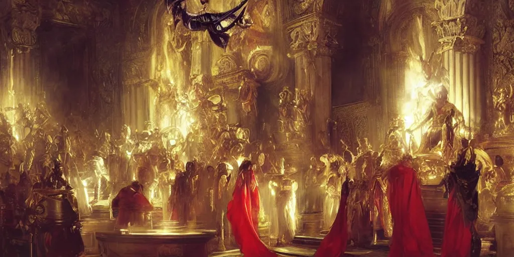 Prompt: beautiful oil painting, alien in royal crimson robes enthroned as the alien god emperor of ancient civilization surrounded by servants in gilded halls a golden wreath upon his head, by anders zorn, wonderful masterpiece by greg rutkowski, beautiful cinematic light, american romanticism, by thomas lawrence, greg rutkowski