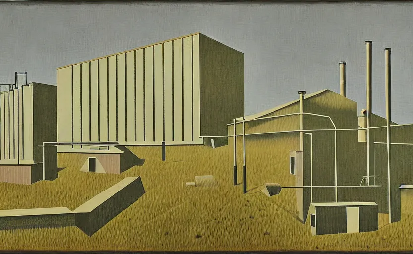 Image similar to geometric painting of industrial buildings surrounded by undergrowth by clarence holbrook carter