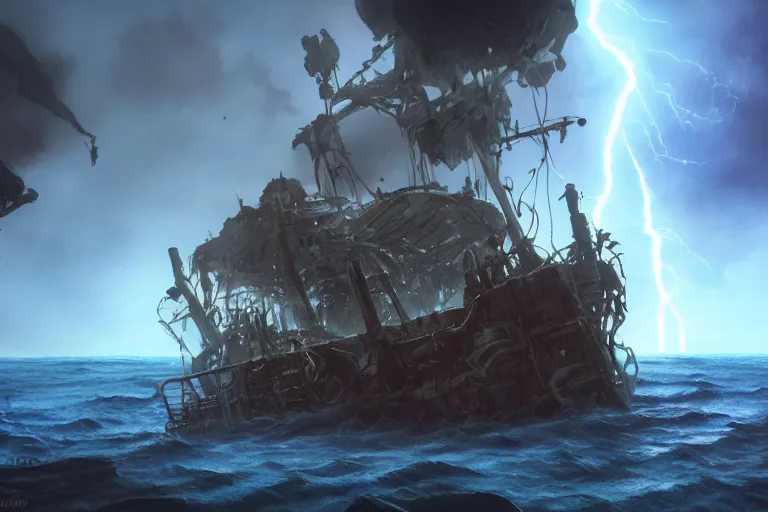 Prompt: a wrecked pirate ship on the reef, storm, lightnings, dark atmosphere, by John Howe, 4K, unreal engine 5, teal and dark blue color scheme