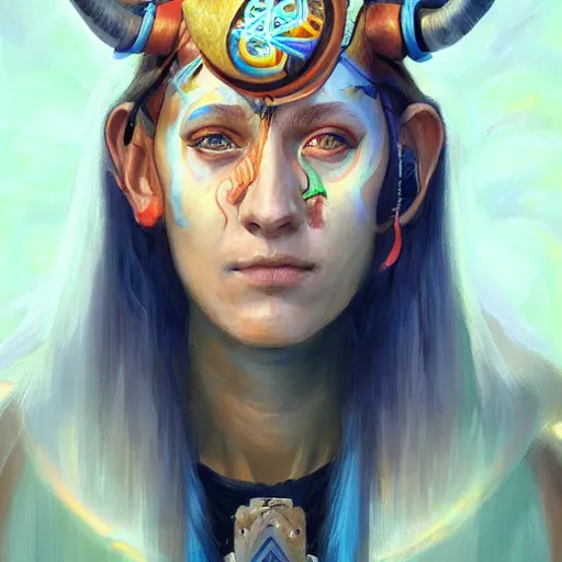 Prompt: portrait of a future tech shaman warrior by Mandy Jurgens, cartoon, oil painting, visionary art, symmetric, Magick symbols, holy halo, shipibo patterns