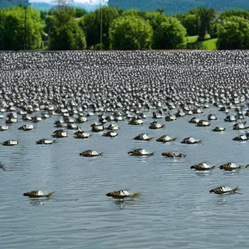 Image similar to army of levitating fish in mid air