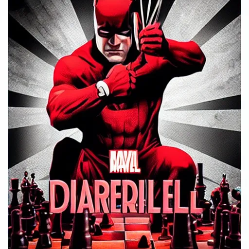 Prompt: daredevil playing chess, movie poster, marvel
