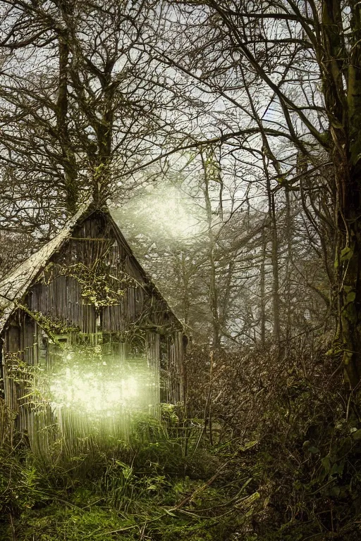 Image similar to specs of flowing light surround and swarm an abandoned overgrown cottage