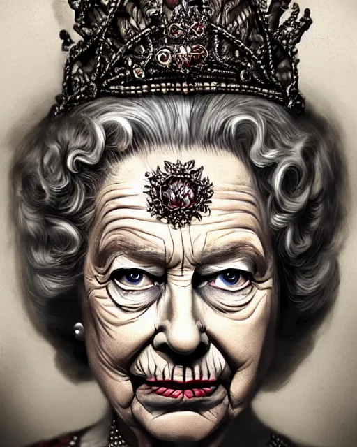 Prompt: Queen Elizabeth II as a hag witch, highly detailed face, realistic face, beautiful detailed eyes, fantasy art, illustration, epic, fantasy, intricate, hyper detailed, artstation, concept art, smooth, sharp focus, by jerad s marantz