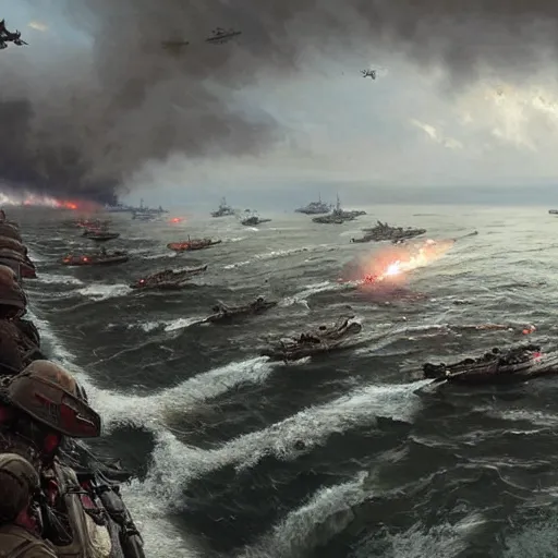 Image similar to a great angle of d - day while all the troops are landing with their boats fighting the germans in a bloody battle by greg rutkowski