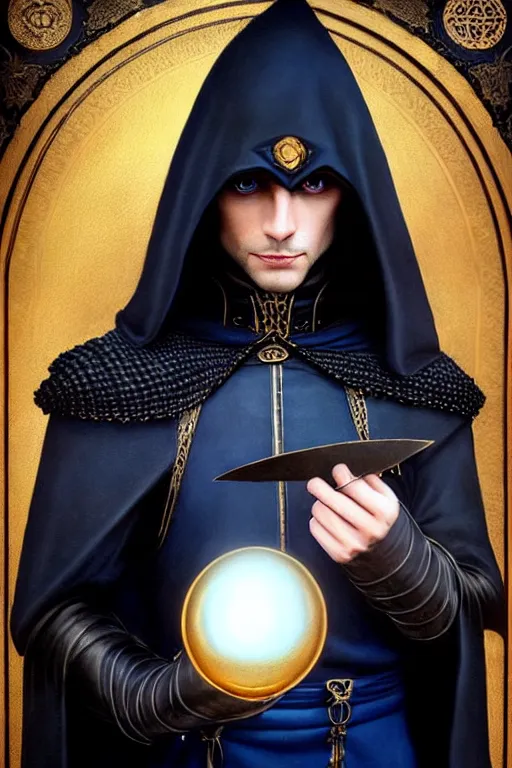 Image similar to handsome mage holding a sphere - tellurion!, long black hair blue eyes wearing leather mantle gothic navy cloak with gold details, castle town, fantasy character portrait, ultra realistic, intricate, elegant, highly detailed, digital painting, artstaion, smooth, sharp, focus, illustration, art by artgerm and greg rutkowski and alphonse mucha
