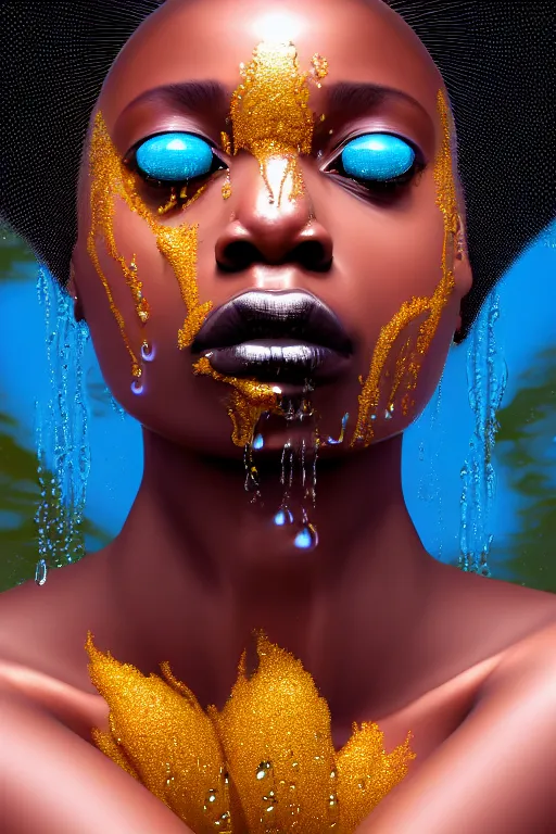 Prompt: hyperrealistic precisionist cinematic profile very expressive! black oshun goddess, in water! up to shoulders, mirror dripping droplet!, gold flowers, highly detailed face, digital art masterpiece, smooth eric zener cam de leon, dramatic pearlescent turquoise light on one side, low angle uhd 8 k, shallow depth of field, night photography