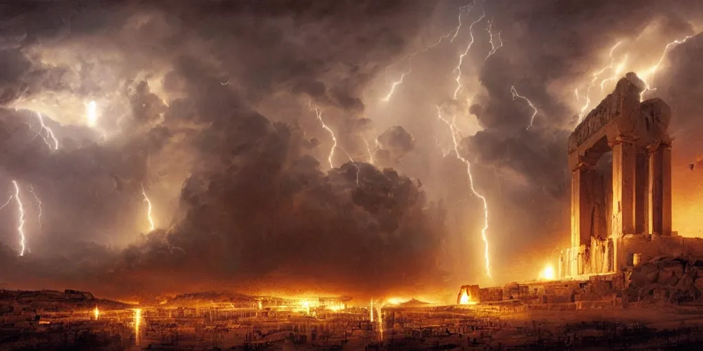 Prompt: Then the temple of God was opened in heaven, and the ark of His covenant was seen in His temple. And there were lightnings, noises, thunderings, an earthquake, and great hail, a matte masterpiece painting by Raymond Swanson and Greg Rutkowski