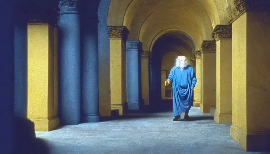 Prompt: 1 9 7 0 s movie still of old socrates in blue drapery in a washy yellow neoclassical corridor with collums inside a mine, cinestill 8 0 0 t 3 5 mm, high quality, heavy grain, high detail, panoramic, ultra wide lens, cinematic composition, dramatic light, anamorphic, piranesi style