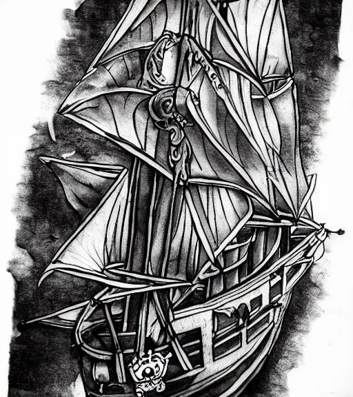 Image similar to A tattoo design on paper of a pirate ship, on paper, black and white, highly detailed tattoo, realistic tattoo, realism tattoo, beautiful shades