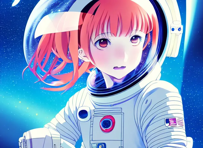 Prompt: anime portrait of a young astronaut girl floating inside a spacestation, Karolis Strautniekas,omoide emanon, tsuruta kenji, murata range,kawaii, kyoto animation, manga, intricate, detailed, studio lighting, gradation,editorial illustration, matte print, Ilya Kuvshinov