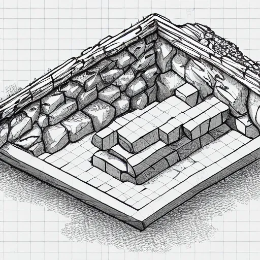 Image similar to isometric view of cave entrance, lineart