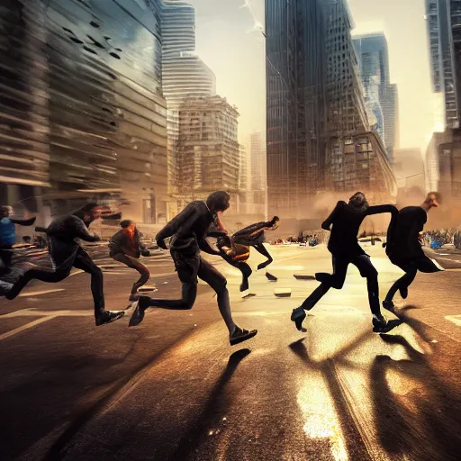 Prompt: bunch of people running away from a bitcoin giant in the city, hyper detailed, trending on artstation, cinematic composition hdr, 8 k, beautiful lighting, sharp details, digital illustration