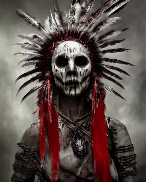 Prompt: the ghost - spirit of the grim - warpaint wears the scarlet skull armor and native blood headdress feathers, midnight fog - mist!, dark oil painting colors, realism, cinematic lighting, various refining methods, micro macro autofocus, ultra definition, award winning photo, photograph by giger and gammell