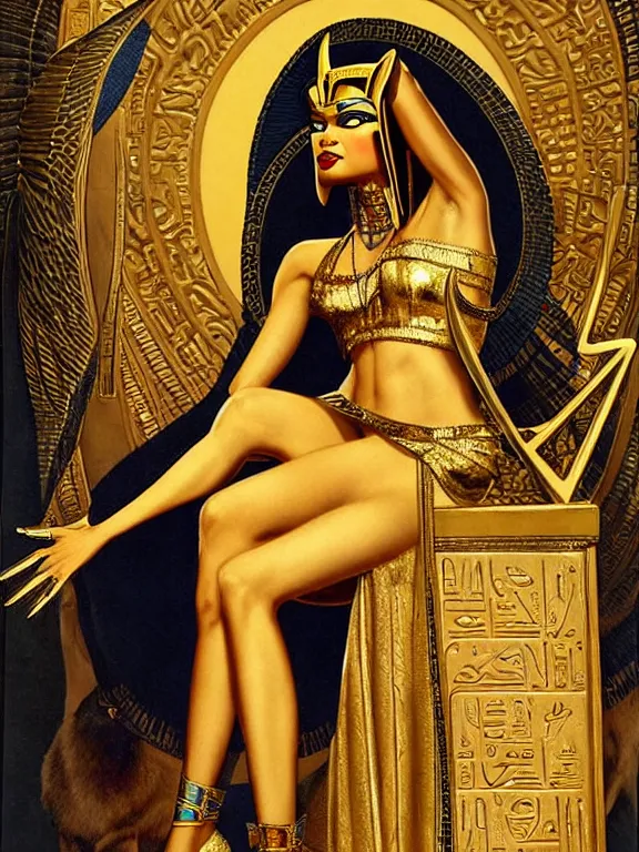 Image similar to zendaya as the Egyptian goddess Anubis the scales of life and death, a beautiful art nouveau portrait by Gil elvgren, Nile river environment , centered composition, defined features, golden ratio, gold jewelry